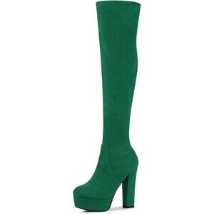 Women Green Suede Chunky Heel Rounded Toe Over the Knee Thigh High Boots